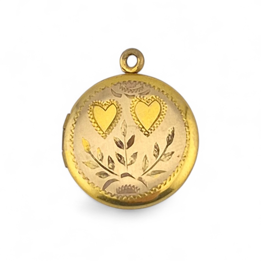 Vintage 14K Gold Filled Round Locket Engraved Double Hearts Floral Photo Pendant